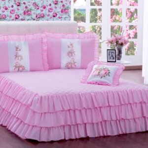 Kit Colcha com babado Sofia Casal 04 peças Rosa