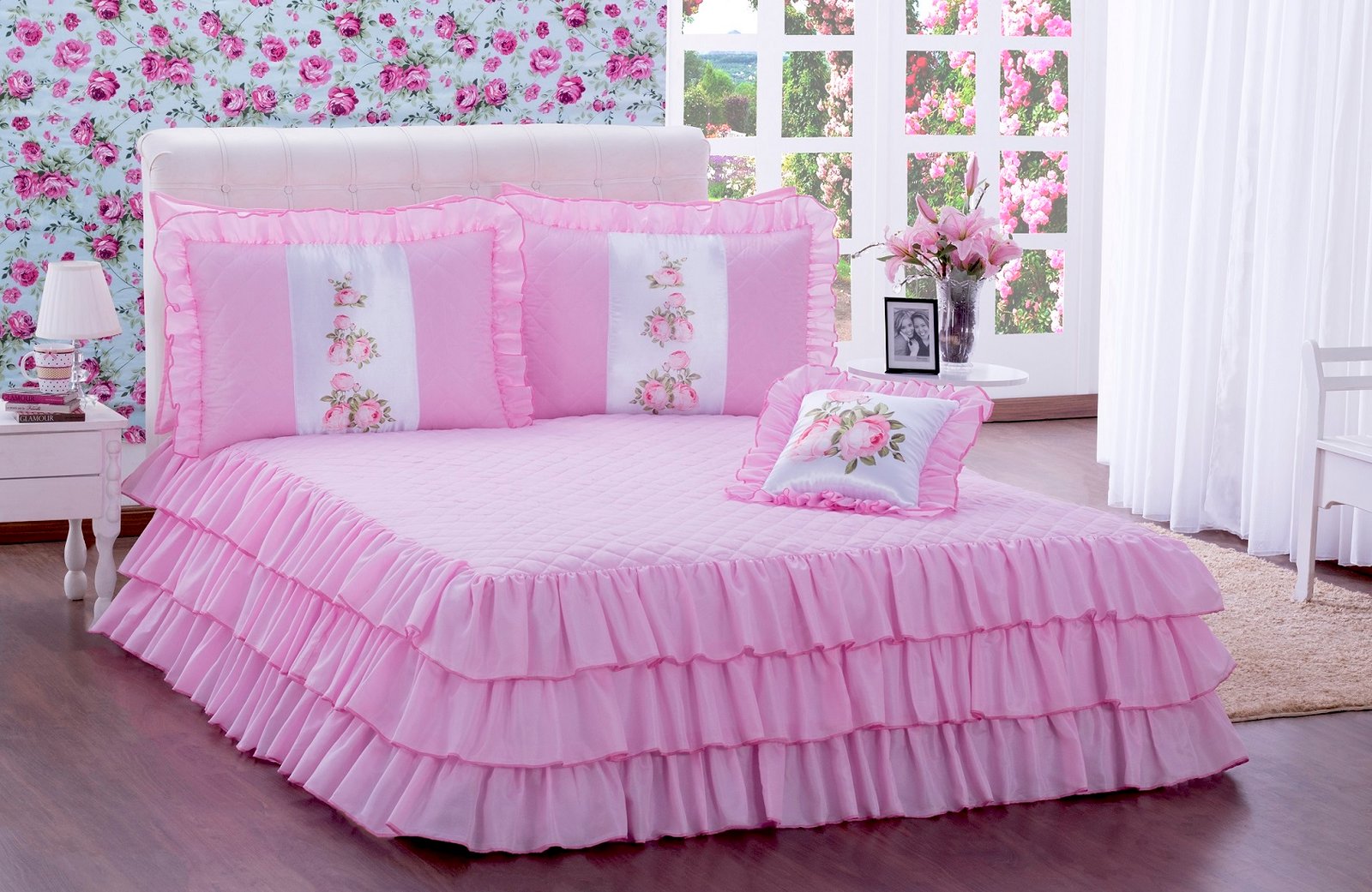 Kit Colcha com babado Sofia Casal 04 peças Rosa