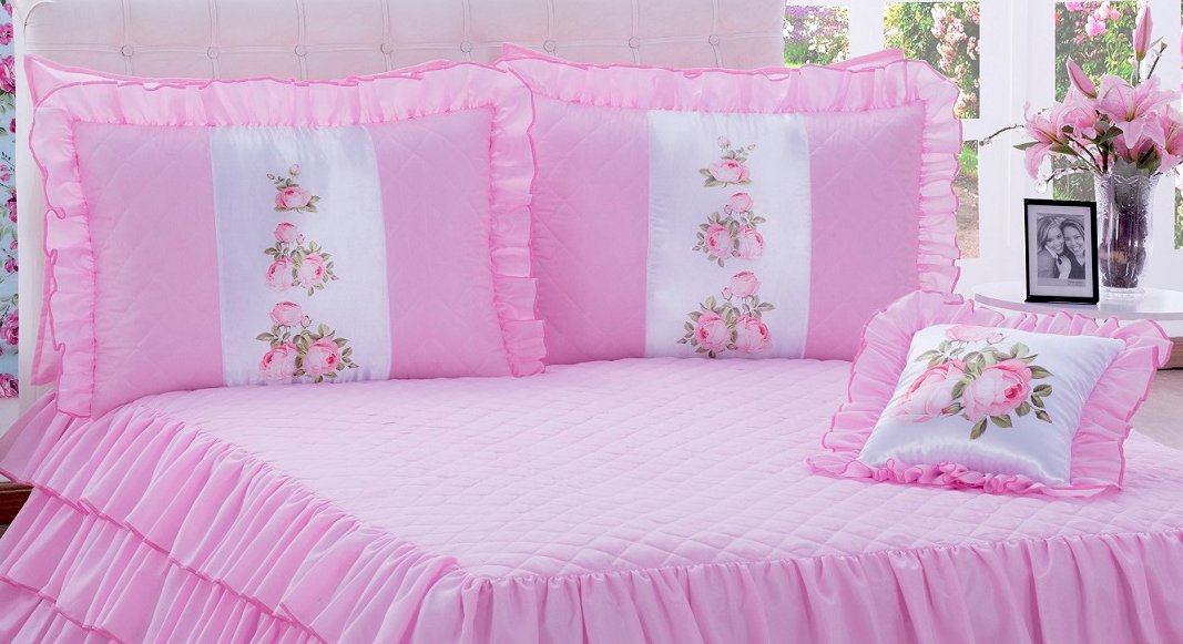 Kit Colcha com babado Sofia Casal 04 peças Rosa - Imagem 5