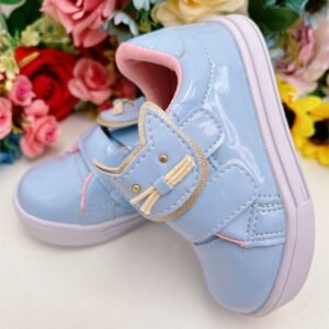 Tênis Azul Bebê Verniz Rosa Aplique Gatinha Velcro Meninas