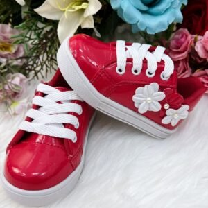 Tênis Vermelho Aplique Flores Pérolas Cadarço Meninas