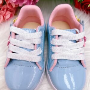 Tênis Azul Bebê Aplique Flores Pérolas Cadarço Meninas