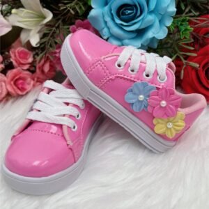 Tênis Rosa Chiclete Aplique Flores Pérolas Cadarço Meninas