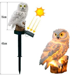 Coruja decorativa estátua miniatura com led  15 cm x 8 cm com espeto para fincar no chão jardim