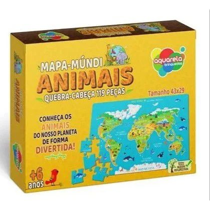 Quebra-Cabeça Mapa-Múndi - Animais 119 peças - Aquarela Brinquedos