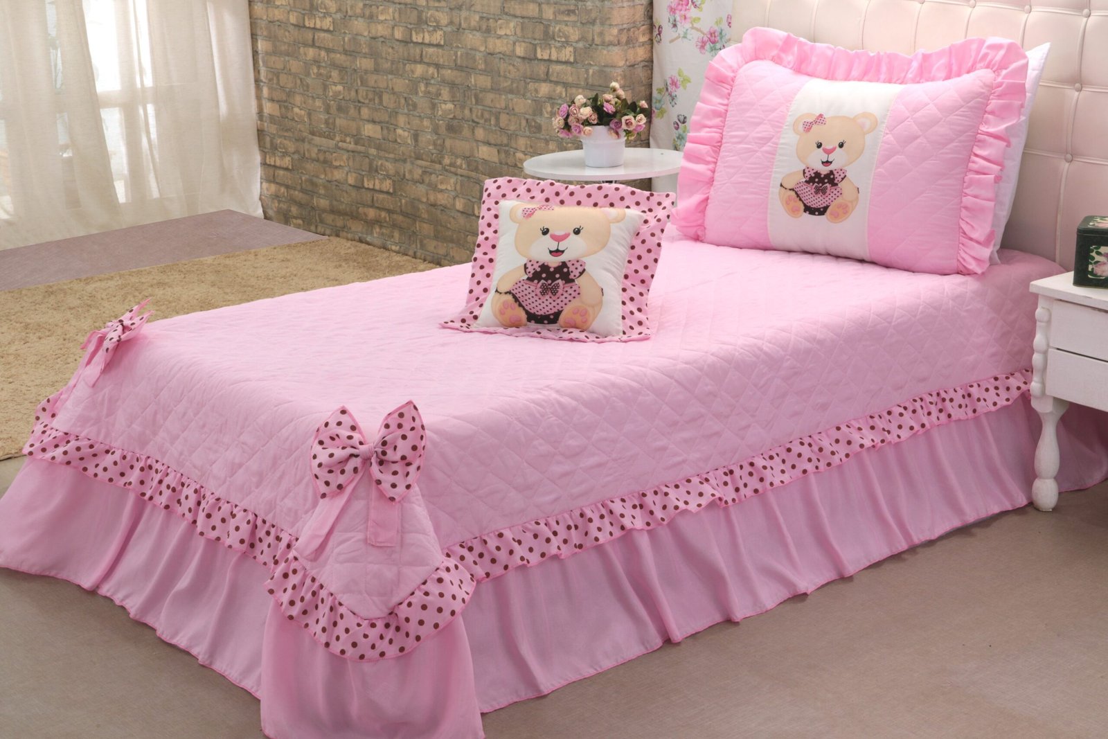 KIT COBRE LEITO URSINHA SOLTEIRO 3 PEÇAS ROSA