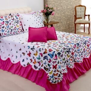 Kit Colcha Cobre leito Belize casal queen 05 pçs Borboletas
