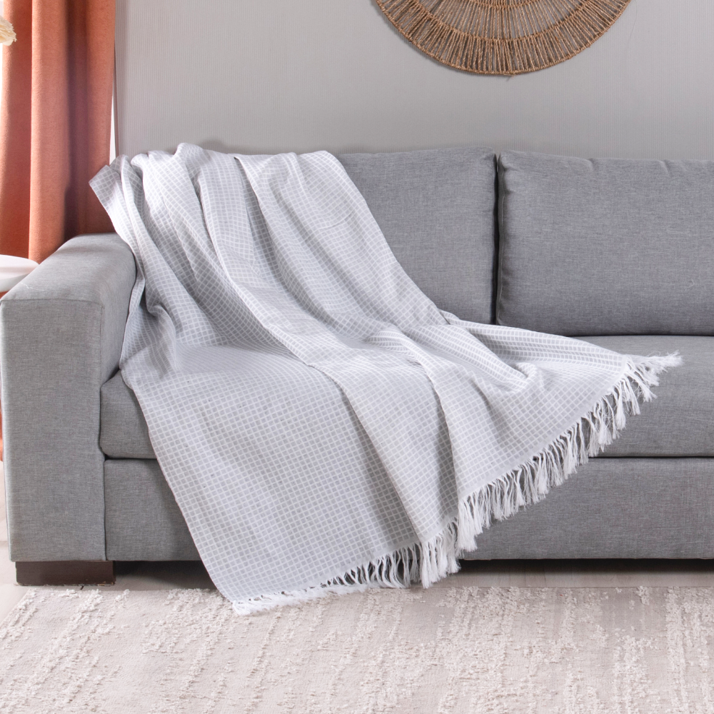 Manta para Sofá Grid 1 Peça 2,10m x 1,35m 60% Algodão / 40% Poliéster Jacquard com Franja - Imagem 2