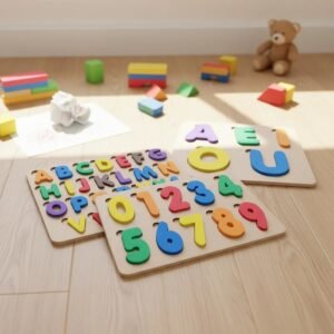 Kit 3 Tabuleiros Alfabeto Numerais e Vogais Brinquedo Educativo Infantil em Madeira e EVA Pedagógico