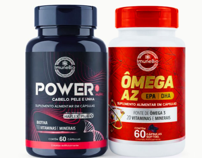 KIT Power Mulher - Cabelo Pele Unha Premium - 18 Vitaminas e Minerais + 1 Ômega 3 A-Z - 20 Vitaminas e Minerais