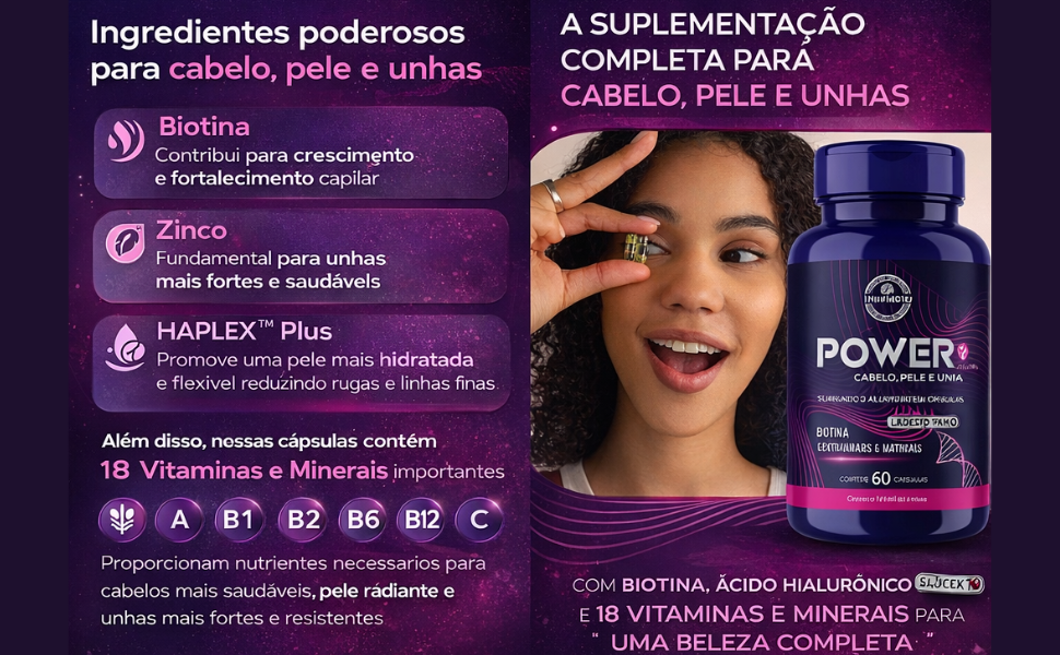 KIT Power Mulher - Cabelo Pele Unha Premium - 18 Vitaminas e Minerais + 1 Ômega 3 A-Z - 20 Vitaminas e Minerais - Imagem 5