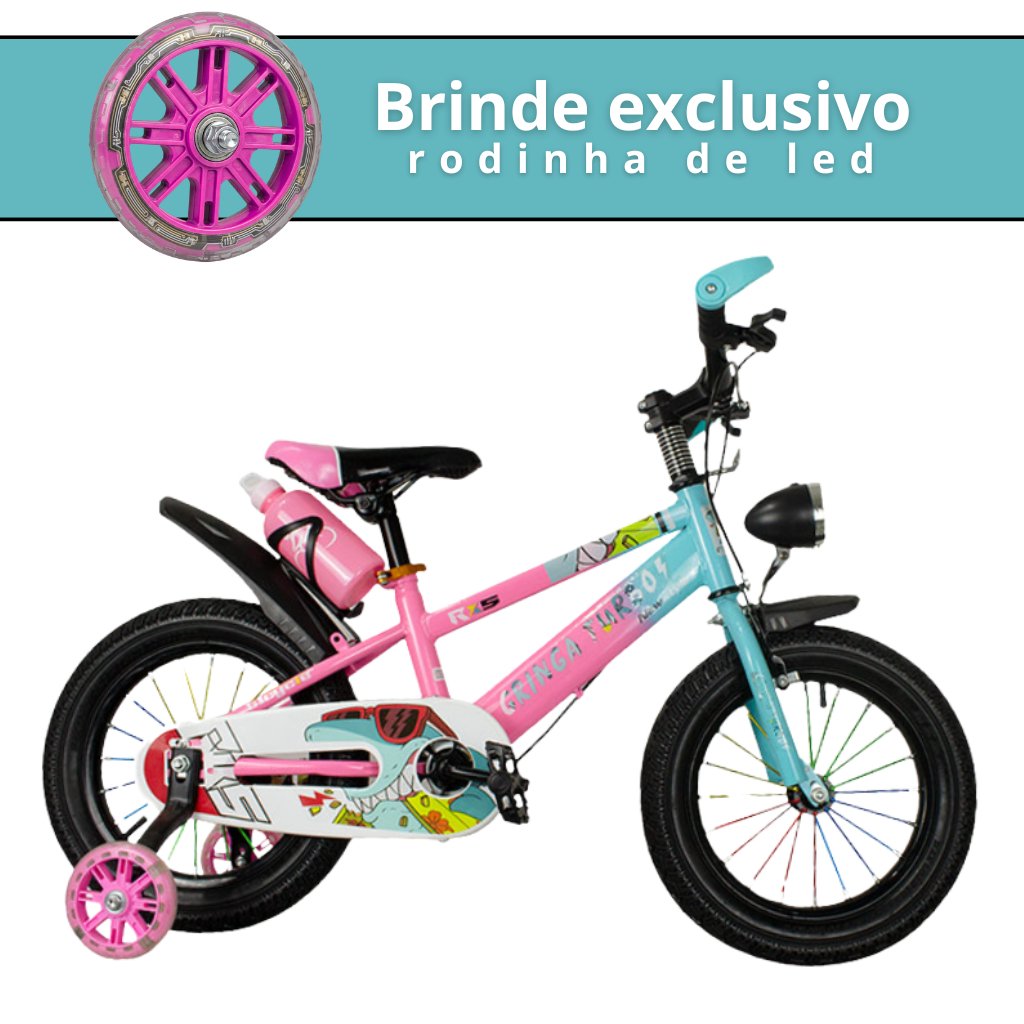 Bicicleta Infantil Aro 14 rosa 3 a 7 Anos Estilo Shark com LED + Pneu Grosso + Rodinhas + Freio V-Brake Completa - Imagem 3